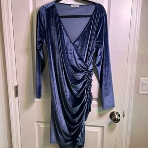 Guberry Blue Velvet Long Sleeve Ruched Midi Dress Women's XL